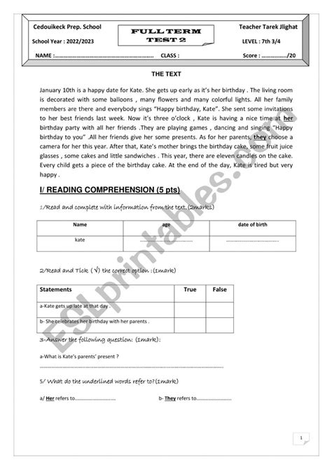 Th Form End Term Test Esl Worksheet By Jlighat