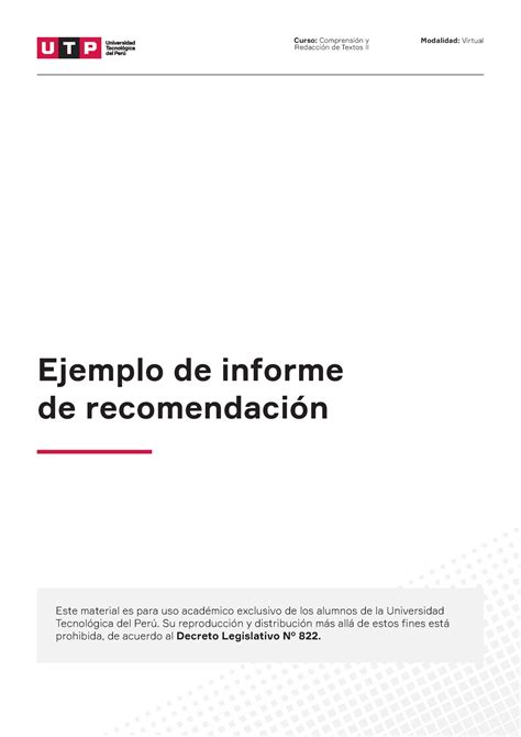 Semana 05 Ejemplo de informe de recomendación Este material es para