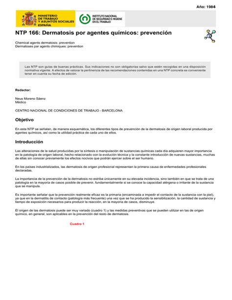 Nueva ventana NTP 166 Dermatosis por agentes químicos prevención pdf