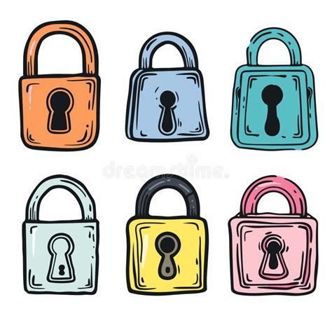 Six Colorful Padlocks Doodle Hand Drawn Security Locks Illustration