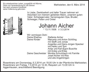 Traueranzeigen Von Johann Aicher Schwaebische De Trauerportal