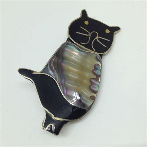 Alpaca Mexico Vintage Kitty Cat Brooch Pin Abalone Black Enamel Silver Jewelry 5 00 Sale Ebay