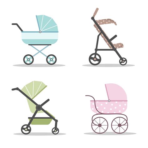 Baby Carriages Icon Set Colorful Prams On White Background Vector