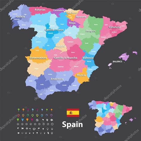 Comunidades Autónomas Y Provincias Mapa Vectorial De España Iconos De Navegación Ubicación Y