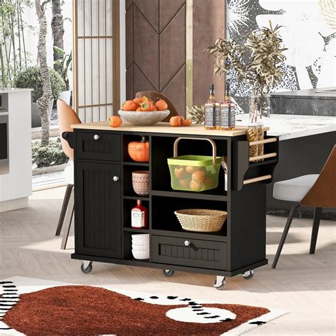 Reviews For Runesay Black Kitchen Island Cart Wood Desktop Storage