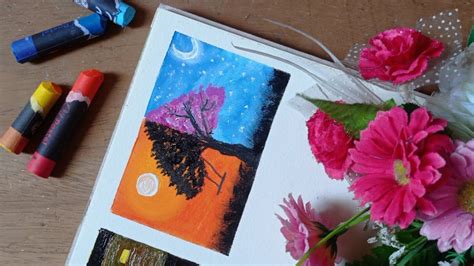 Day And Night Scenery Drawing Oil Pastels Drawings For Beginners