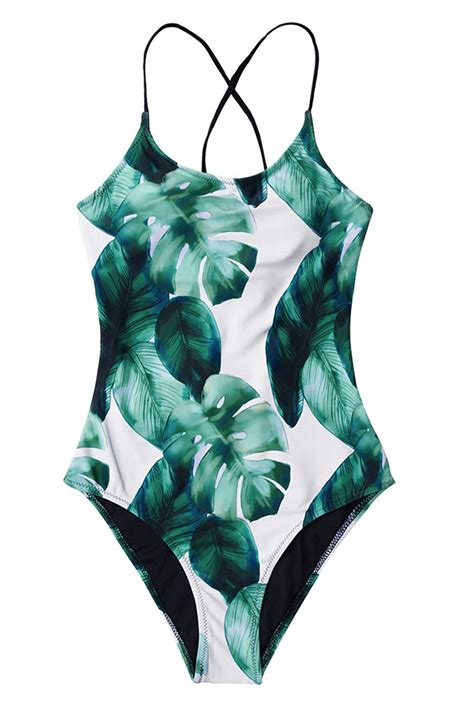 Cupshe Womens Tropical Leaf Print Lined Lace Up Back Greenwhite Size