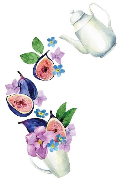 Aquarelle Dessin Th I Re Et Tasse De Th Avec Fleurs Et Fruits