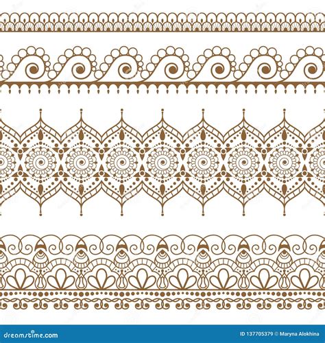 Ornamental Seamless Brown Vertical Floral Borders In Henna Mehndi Style