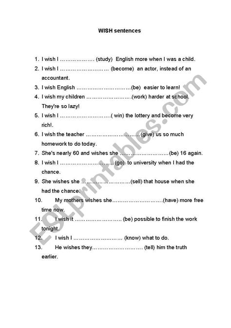 English Worksheets Wish Sentences