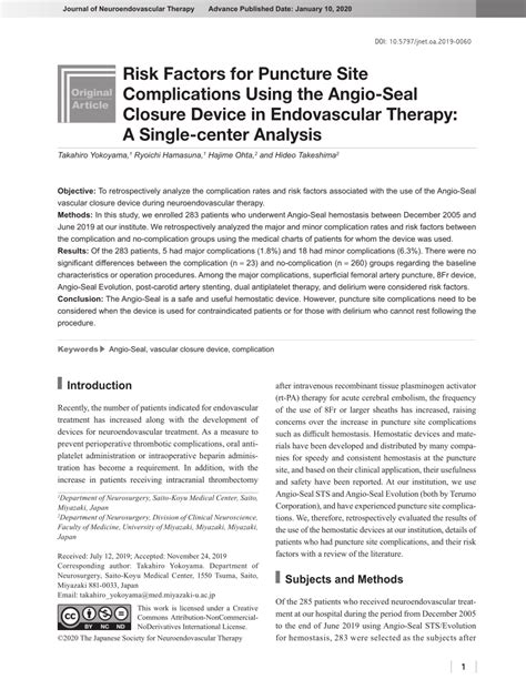 (PDF) Risk Factors for Puncture Site Complications Using the Angio-Seal ...