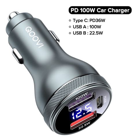 QOOVI 100W Car Charger Fast Charging USB Type C Car Cellphone Charger 3