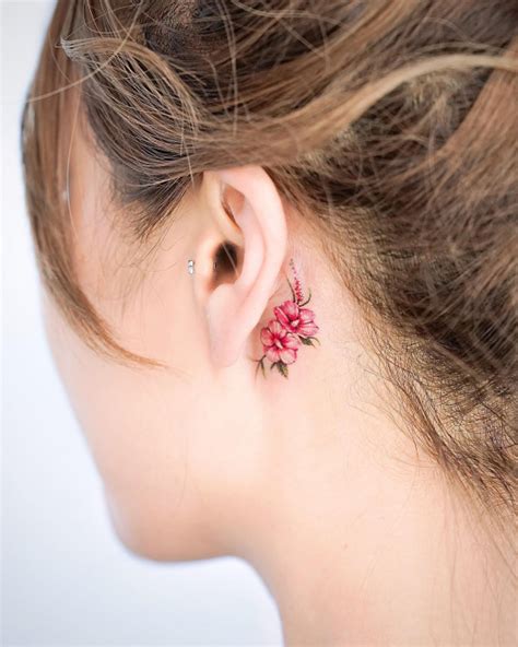 50 Best Flower And Floral Tattoos Pink Hibiscus Tattoo Behind Ear