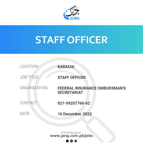 Staff Officer Job Federal Insurance Ombudsman S Secretariat Jobs In