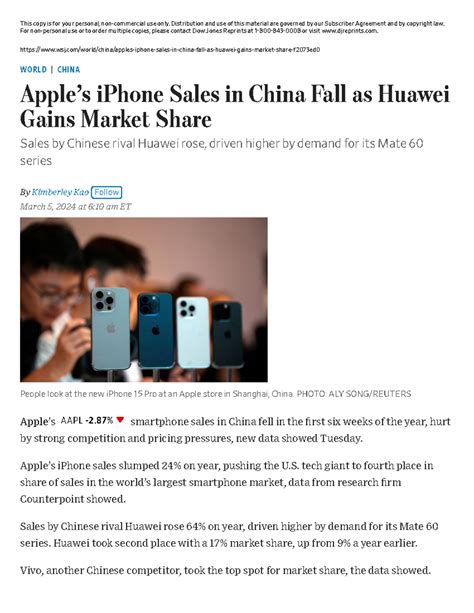 Apples I Phone Sales In China Fall As Huawei Gains Market Share WSJ