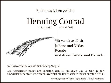 Traueranzeigen Von Henning Conrad Trauer Hna De