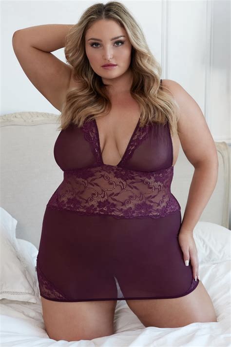 Plus Size Plum Purple Mesh Chemise Lingerie And Robe Set Spicy Lingerie