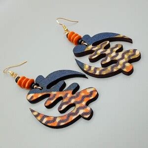 African Adinkra Gye Nyame Wooden Jewelry Handmade Orange Blue Gift For