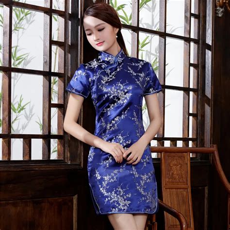 Oversize Blue New Flower Mini Qipao Classic Mandarin Collar Satin