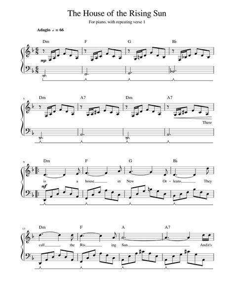 The House Of The Rising Sun Sheet Music For Piano Solo