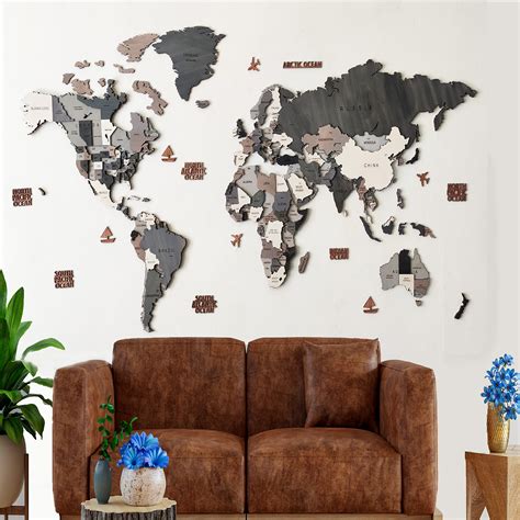 Buy World Wood Wall Art Decor Wooden D World Grey Tones World