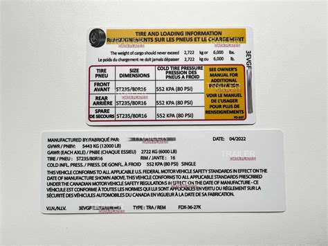 Cargo Trailer Data Decal Sticker Vin Id Tag Tire And Loading