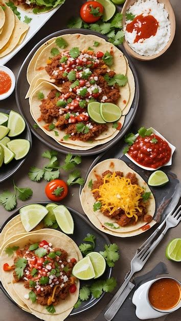 Premium Photo A Table Topped With Lots Of Tacos Covered In Toppings