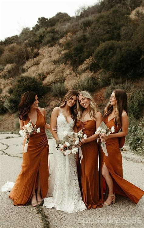 Mismatched Burnt Orange Mermaid Sleeveless Long Bridesmaid Dresses Gown