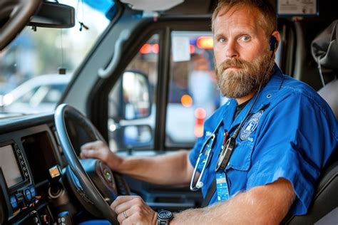 Paramedic In Blue Uniform Inside Ambulance Premium Ai Generated Image