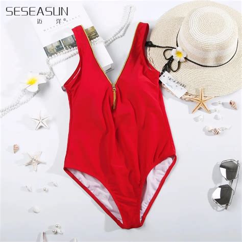 Seseasun Sexy Red One Piece Swimsuits Neopreno Front Zipper Swimsuit