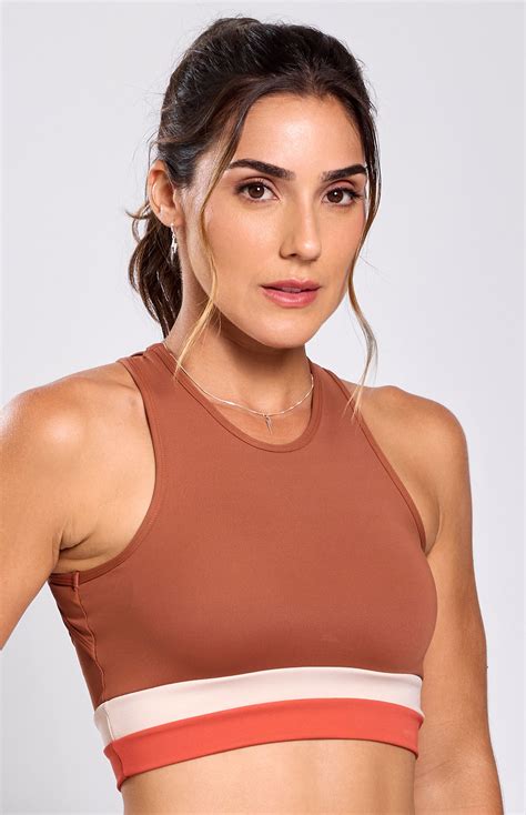 Top Action Nadador Fitness Poliamida Marrom Detalhes De Listras Nude E Coral Brizze