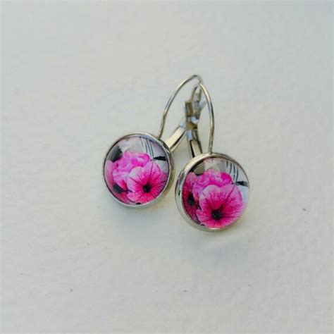 Items Similar To Pink Flowers Glass Dome Dangle Earrings On Etsy