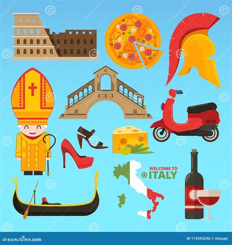 Italian Symbols Isolate Vector Pictures In Flat Style Stock Vector