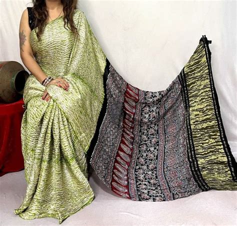 Pastel Green Heavy Shibori Ajrakh Pallu Modal Silk Lagdi Patta Saree