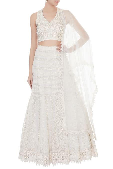 Buy White V Neck Embroidered Lehenga Set For Women By Vandana Sethi