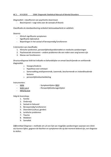 Klinische Lessen Hoorcolleges HC 1 4 9 2019 DSM Diagnostic