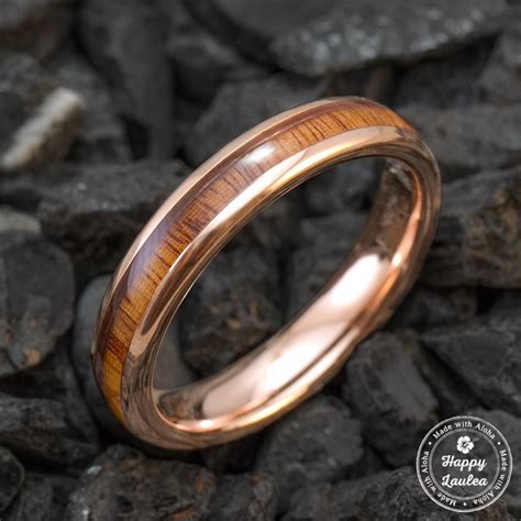 Rose Gold Ion Plated Tungsten Carbide Wedding Ring With Hawaiian Koa Wood Inlay 4mm Width