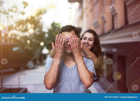 She Closes Her Eyes For A Guy Making A Surprise Stock Image Image Of