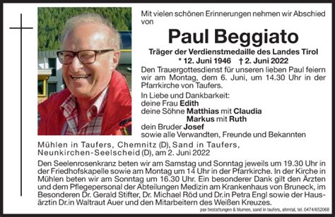 Traueranzeigen Von Paul Beggiato Trauer Bz