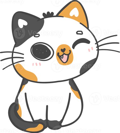 Lindo Kawaii Juguetón Calico Gatito Gato Dibujos Animados Dibujo Garabato Contorno 17053997 Png