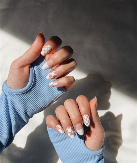 Nude Nails With White Details White Checkered Board Nails I Take