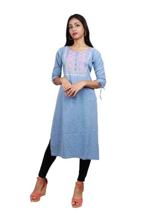 Buy Cefalu Women Light Blue Embroidered Cotton Blend Womens Kurtas