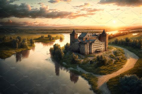 Castle by river at sunset – MasterBundles