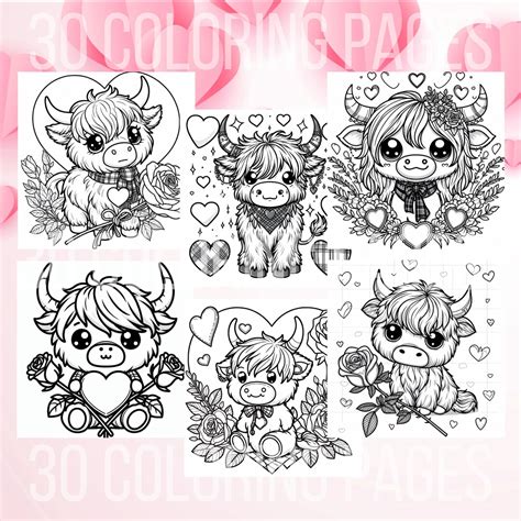 Cute Highland Cow Coloring Page Valentines Coloring Sheet Hearts