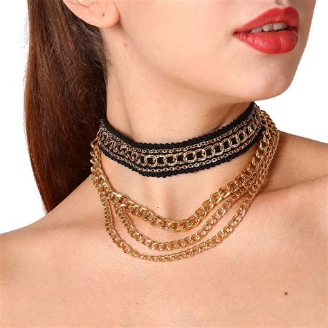 Punk Multilayer Metal Chain Choker Necklace For Women Chunky Clavicle Necklace Fashion Lace Neck