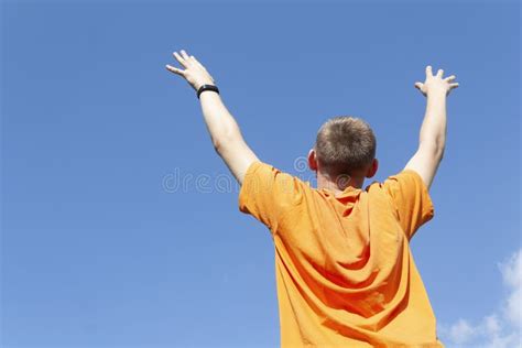 The Guy Holding Up His Hands Against The Sky Stock Image Image Of