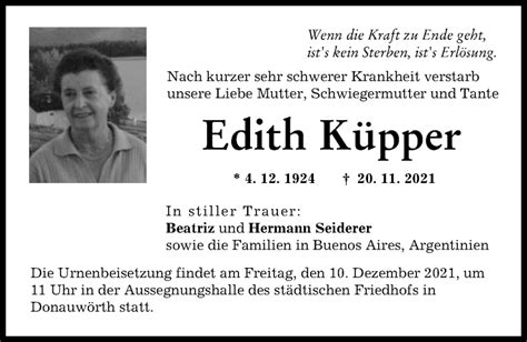 Traueranzeigen von Edith Küpper Augsburger Allgemeine Zeitung