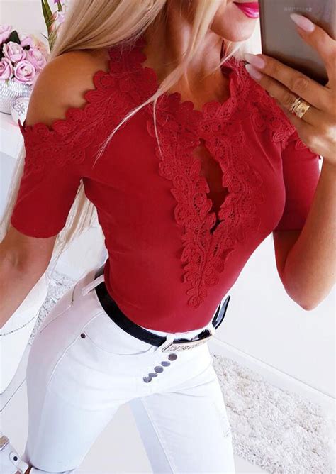 Solid Lace Splicing Hollow Out Cold Shoulder Blouse Red Blouses