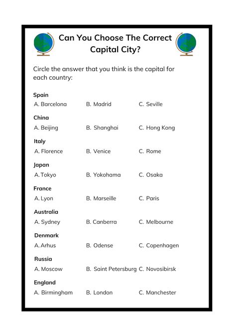 Capital Cities Worksheet Printable Geography Activity Quiz Etsy New