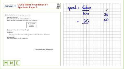 GCSE Maths EDEXCEL Foundation Specimen Paper 2 Q26 Speed Distance Time